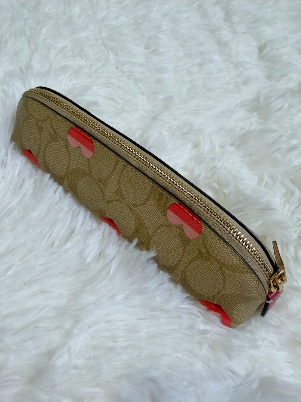 Coach Tan Signature Canvas Pencil/Make-up Brush Case with Red Heart Accents